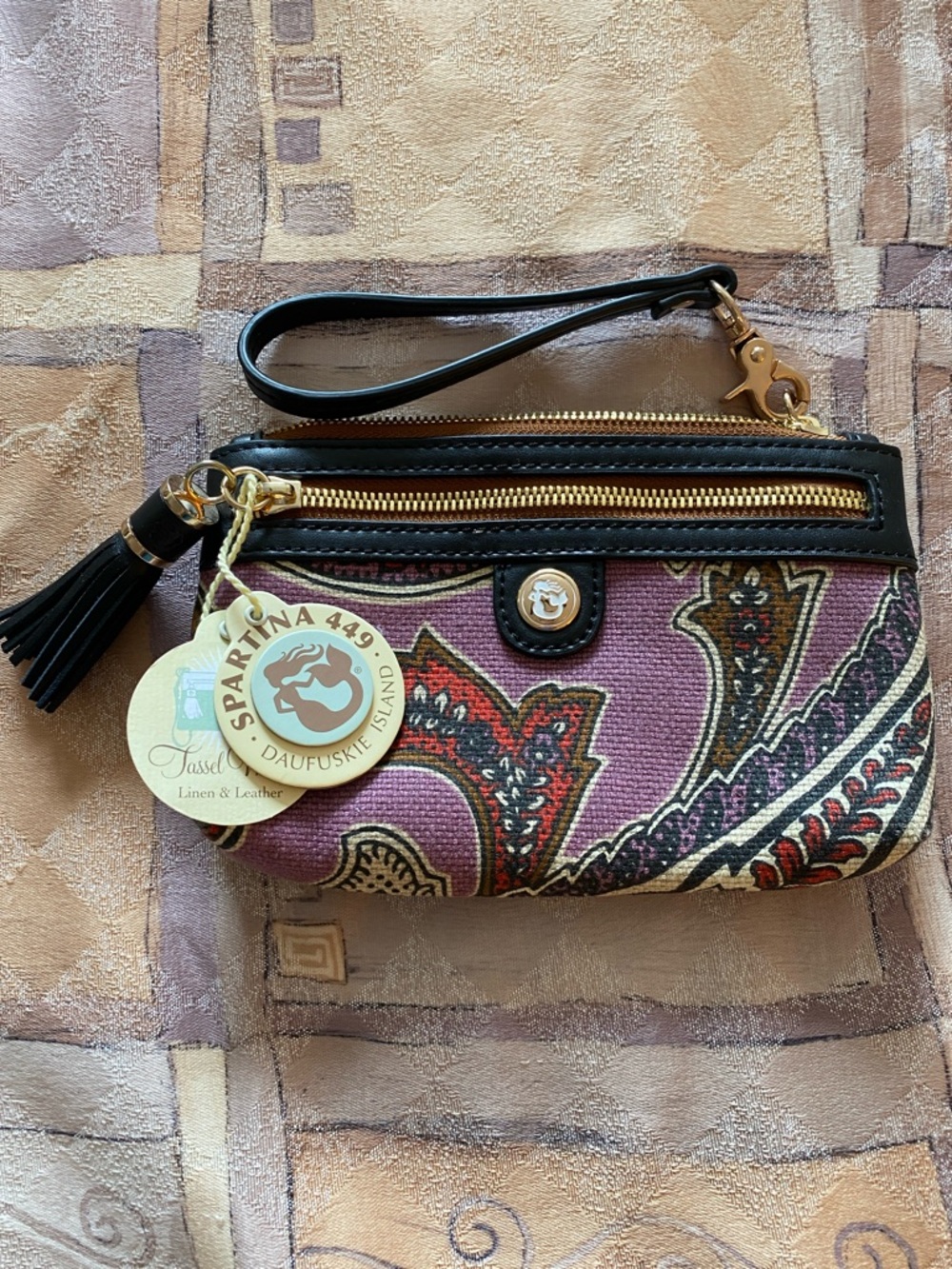 Spartina 449 Purple Paisley Printed Wristlet with Black Trim & Gold Hardware NWT